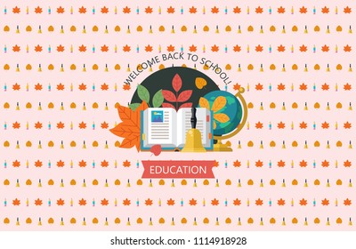 Welcome back to school. Press wall for a photo shoot. Vector emblem of education. Open book, school bell, autumn leaves and globe.