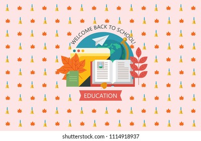 Welcome back to school. Press wall for a photo shoot. Vector emblem of education. Open book and autumn leaves.