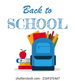 Welcome back to school promo poster or banner with stack of colourful books, red apple, school supplies and exercise books in the backpack on white background. Vector illustration in flat style.