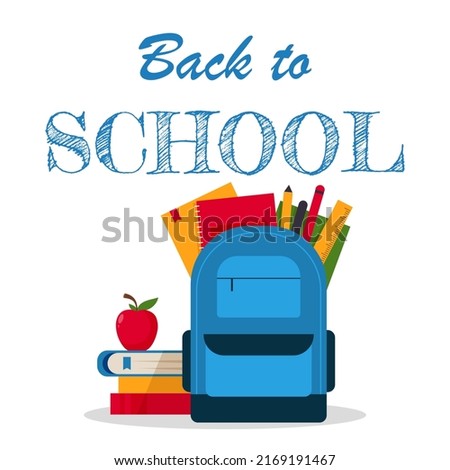 Welcome back to school promo poster or banner with stack of colourful books, red apple, school supplies and exercise books in the backpack on white background. Vector illustration in flat style.