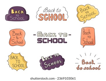 Welcome back to school. Quote calligraphy typography. Vector drawing. Collection of design elements.