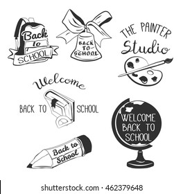 Welcome back to school retro labels and emblem. Globe, school bell with bow ribbon, pallette and brush, book, pencil, backpack. 