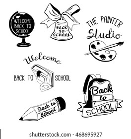 Welcome back to school retro labels and emblem. Globe, school bell with bow ribbon, pallette and brush, book, pencil, backpack.