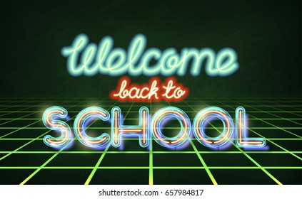 Welcome back to school - retro neon lettering. Stock vector typography