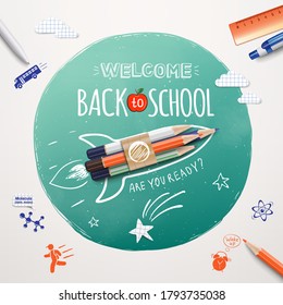 Welcome back to school. Rocket ship launch made with colour pencils. Realistic school items and elements. Welcome back to school banner. Vector illustration EPS 10