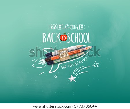 Welcome back to school. Rocket ship launch made with colour pencils. Welcome back to school banner. Vector illustration