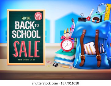 Welcome Back to School Sale Up to 50% Off in Green Chalkboard with 3D Realistic Design Blue Backpack and School Supplies Like Notebook, Pen, Pencil, Colors, Ruler, Magnifying Glass, Eraser, Paper Clip