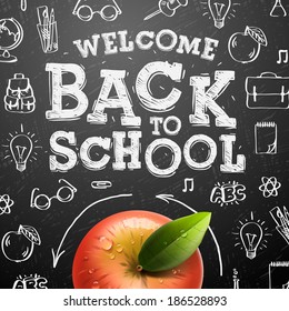 Welcome back to school sale background with red apple, vector illustration. 