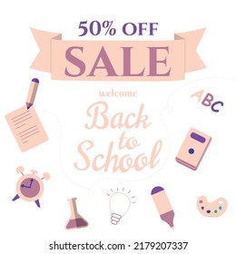 Welcome back to school sale background with school tools.