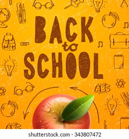 Welcome back to school sale background with red apple, vector illustration.
