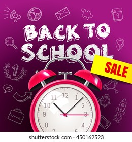 Welcome back to school sale background with alarm clock and blackboard, vector illustration. Great poster for school, department stores, office supplies sales, banner, online shop