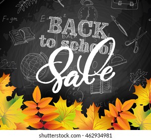 Welcome back to school Sale  background, with hand drawn doodle elements and autumn leaves and rowan berries. Template Vector.