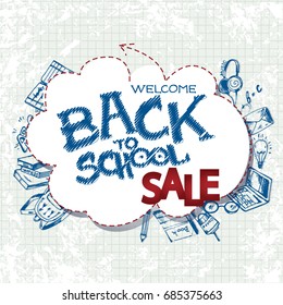 Welcome back to school SALE background, with hand drawn doodle elements on the square background