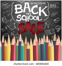Welcome back to school SALE background, with hand drawn doodle elements and colorful realistic pencils. Vector illustration