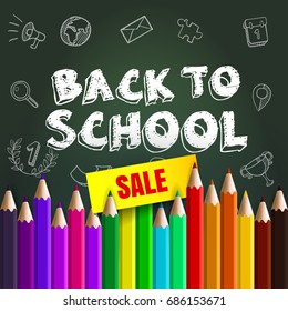 Welcome back to school sale background, with hand drawn doodle elements and realistic colorful pencils. Vector illustration. 
