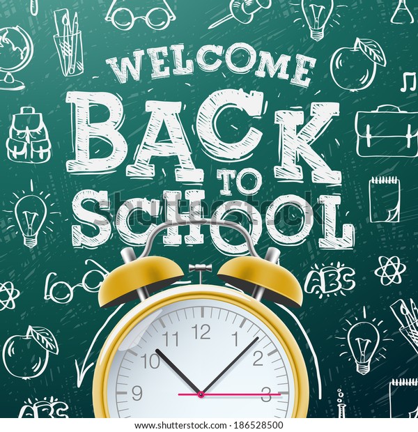 Welcome back to school sale background \
with alarm clock, vector illustration.\
