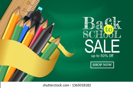 Welcome back to school sale banner template with stationary pen, ruler, marker, color and golden ribbon with green chalkboard. poster, flyer, brochure. Vector illustration