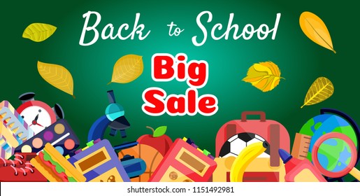 Welcome Back To School Sale Banner,poster With School Supplies,education Tools,bag. Flat Cartoon Vector Illustration. First Day In School. School Supplies. Layout For Discount Labels, Flyers, Shopping