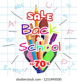 Welcome back to school sale banner,poster with school supplies,education tools,pen. Flat cartoon vector illustration. First day in school. School supplies. Layout for discount labels, flyers, shopping