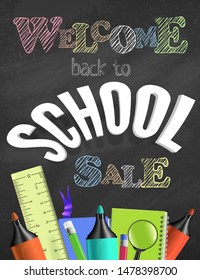 Welcome back to school Sale colorful concept. Vector funny hand drawn title with school supplies, education elements on textured black chalkboard background.