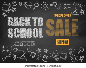 Welcome back to school sale. design with drawing on chalkboard. Vector .