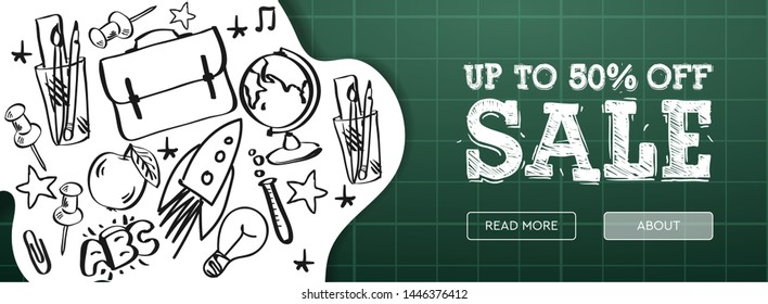 Welcome Back to school Sale horizontal banner, doodle on green checkered background, vector illustration.