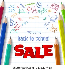 Welcome, back to school, sale lettering with doodle drawings. Offer or sale advertising design. Typed text, calligraphy. For leaflets, brochures, invitations, posters or banners.
