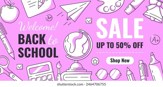 Welcome back to school sale minimalist banner with discount, school supplies, stationery. Education, learning, selling concept. Vector horizontal poster for web, social media, advertising, business.