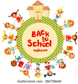 Welcome back to school. Schoolchildren go to school, holding hands. Vector illustration.