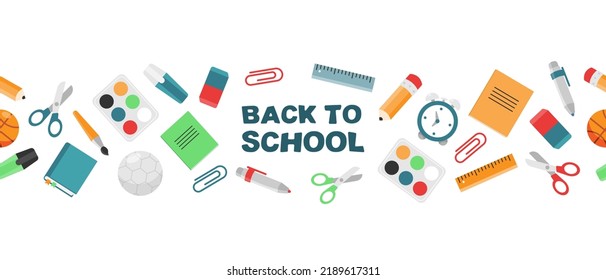 Welcome back to school. Seamless horizontal banner with school supplies books, pencils, alarm clock, stationery.  Education concept.