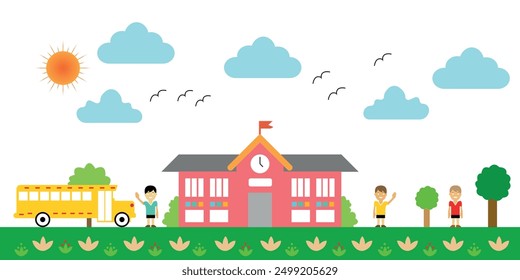 Welcome back to school. Seamless panoramic background with school building in flat style