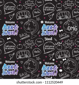 Welcome Back to school seamless pattern. Vector illustration hand draw set elements on black chalk board.