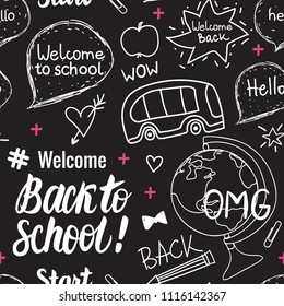 Welcome Back to school seamless pattern. Vector illustration hand draw set elements on black chalk board.