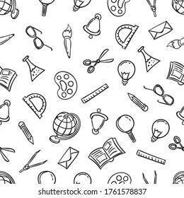 Welcome back to school seamless pattern with stationery objects. Vector illustration with black outline educational items isolated on white background