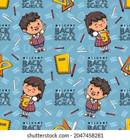 Welcome Back To School Seamless Pattern. Cute Cartoon Illstration