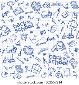 Welcome back to school seamless pattern with hand drawn doodle elements.  Vector illustration. 