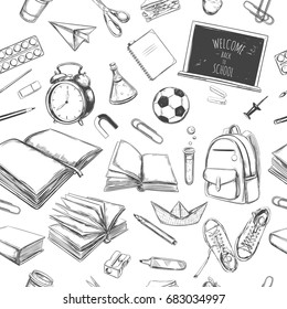 Welcome back to school seamless pattern. Hand drawn elements. School supplies. Books, notebook, copybook, backpack, lamp, alarm clock, football, snickers, chalkboard, pencil, marker, eraser etc.