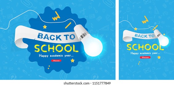 Welcome Back to school. Set horizontal and vertical Banners with ribbon and set of doodle icons and realistic light bulb with lighting. Concept for education. Vector illustration EPS10.