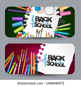 Welcome back to school. A set of horizontal banners, gift cards or vouchers. Study supplies lying over torn out sheet of paper. Vector illustration.