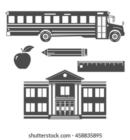 Welcome back to school. School set icon. Pencil, apple, ruler, bus and school. Vector illustration.