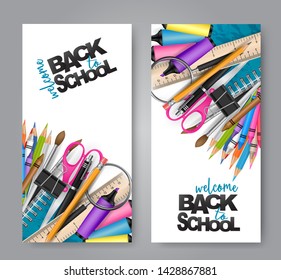 Welcome back to school set of vectical flyers with realistic 3d supplies for education. Vector illustration.