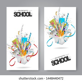 Welcome back to school a set of vectical banners with an open gift box with flowing out study supliies. vector illustration for advertisment, offer, invitation, celebration.