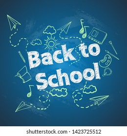 welcome back to school with sketch of school supplies on the blackboard