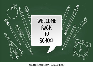 Welcome back to school. Sketchy school supplies drawing on a chalkboard. Banner, poster, flayer, advertisement illustration. 