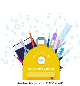 Welcome back to school square banner. Colorful school supplies coming out of a backpack. Concept of education. Vector illustration, flat design