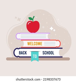 Welcome back to school square banner. A red apple on top of a stack of school books. Concept of education. Vector illustration, flat design