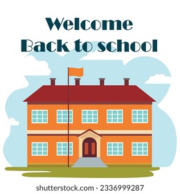 Welcome back to school square banner. School building on landscape. Welcome to school. Vector illustration