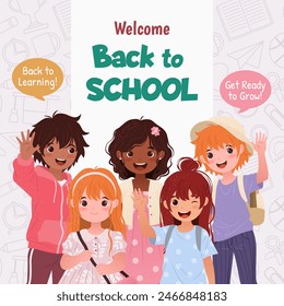 Welcome Back to School. Square banner or post template with little boys and girls for educational designs, promotions, greeting cards, online education. Vector illustration featuring cartoon children.