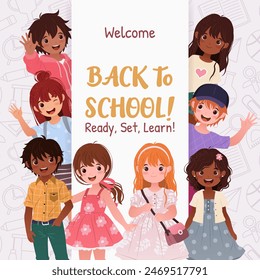 Bienvenidos de vuelta a la escuela. Cuadrado Anuncio o post Plantilla con niños y niñas para diseños educativos, promociones, tarjetas de felicitación, educación en línea. Ilustración vectorial con dibujos animados para niños.