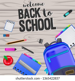 welcome back to school with stationary pencil, compass, scissors, apple, bag, eraser, ruler, clip, notebook on the wood background. poster, banner, flyer, brochure. Vector illustration